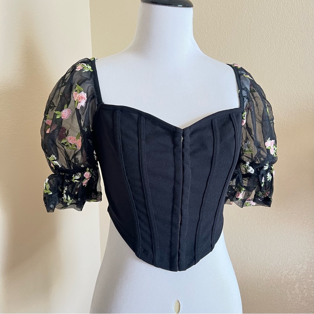 SHEIN Black Puff Sleeve Bustier Blouse